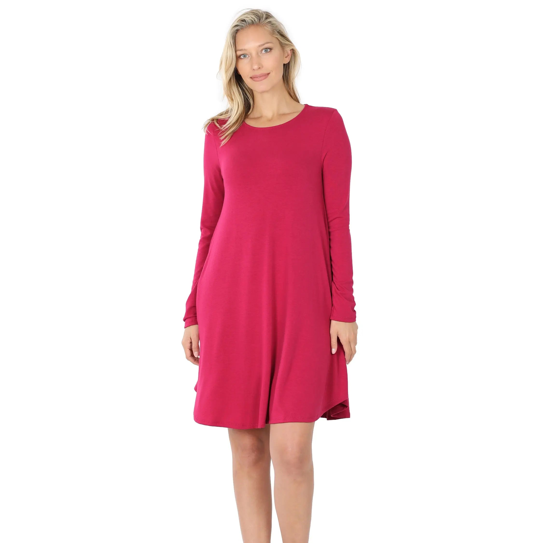 LONG SLEEVE ROUND HEM A-LINE DRESS WITH SIDE POCKETS - Cathy,s new look 